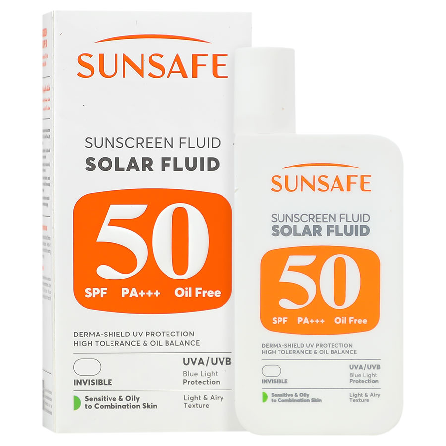 ضد آفتاب فلوئید SPF50 مناسب پوست حساس چرب و مستعدآکنه بدون رنگ سان سیف